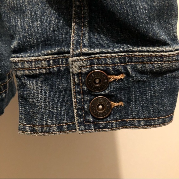 Contrast BLUE jean jacket long  button front SZ M vintage EUC pockets - Picture 7 of 7